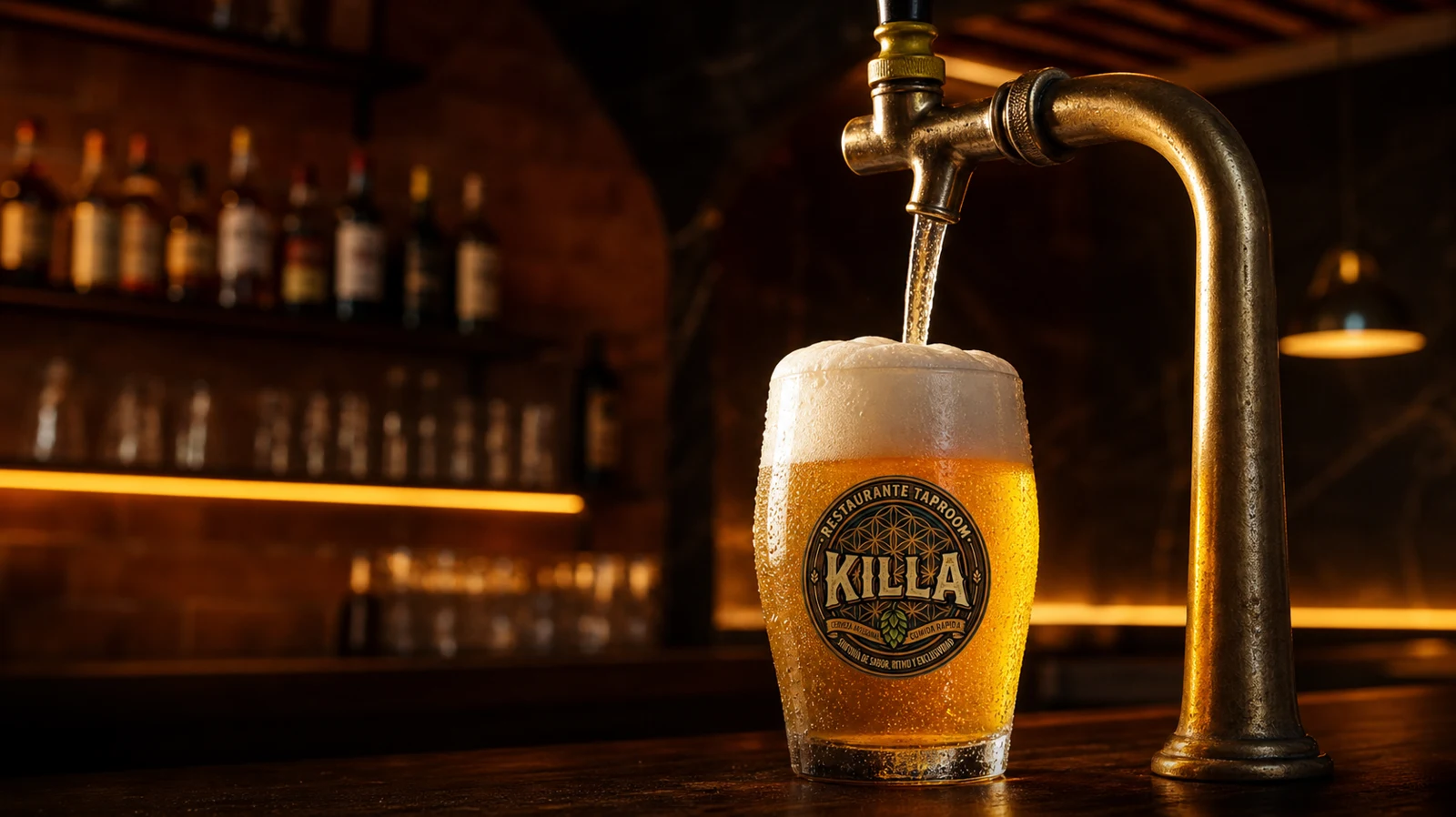 Cerveza dorada Killa sirviéndose desde un grifo de latón