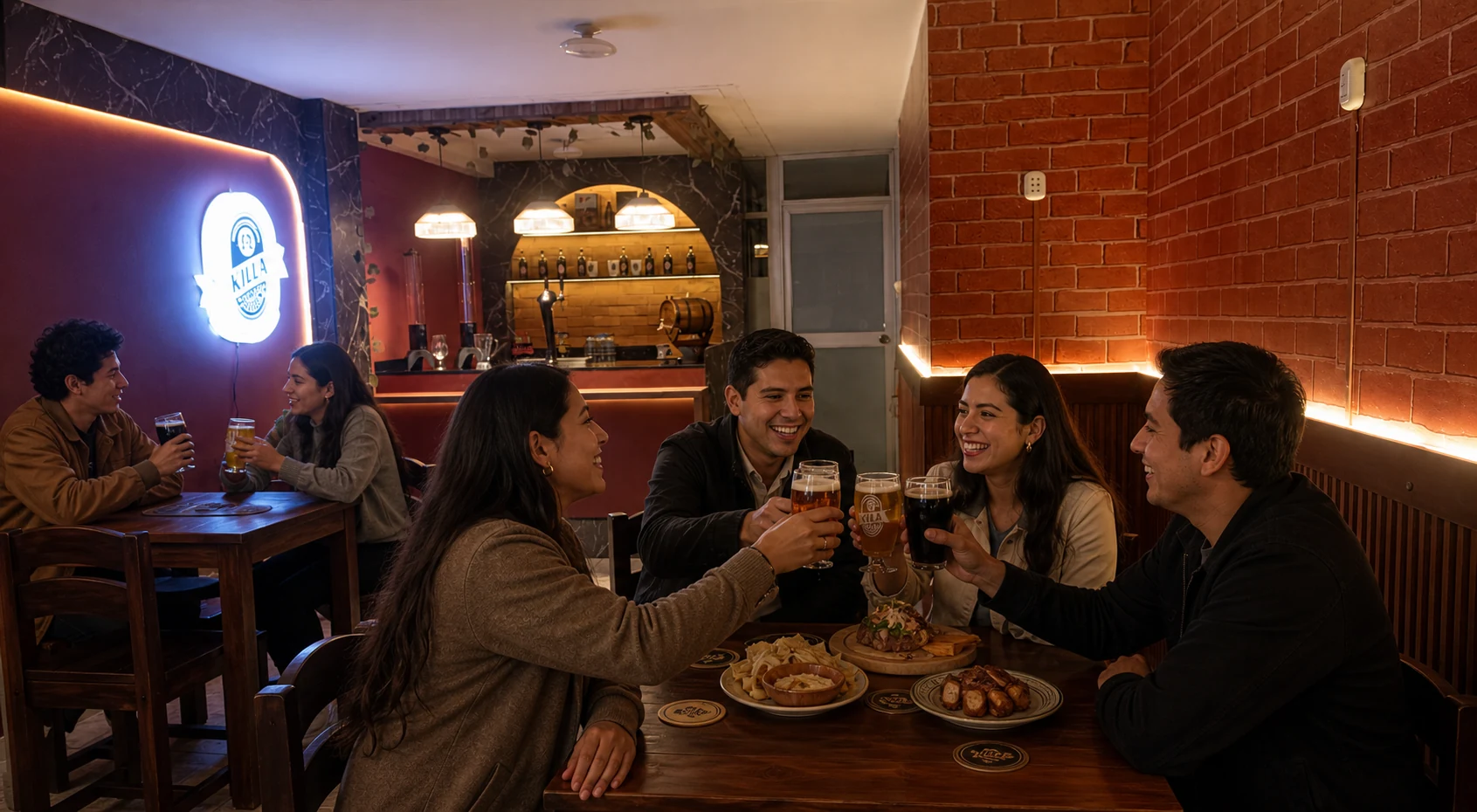 Jóvenes peruanos celebrando y brindando en el taproom Killa de Huancayo