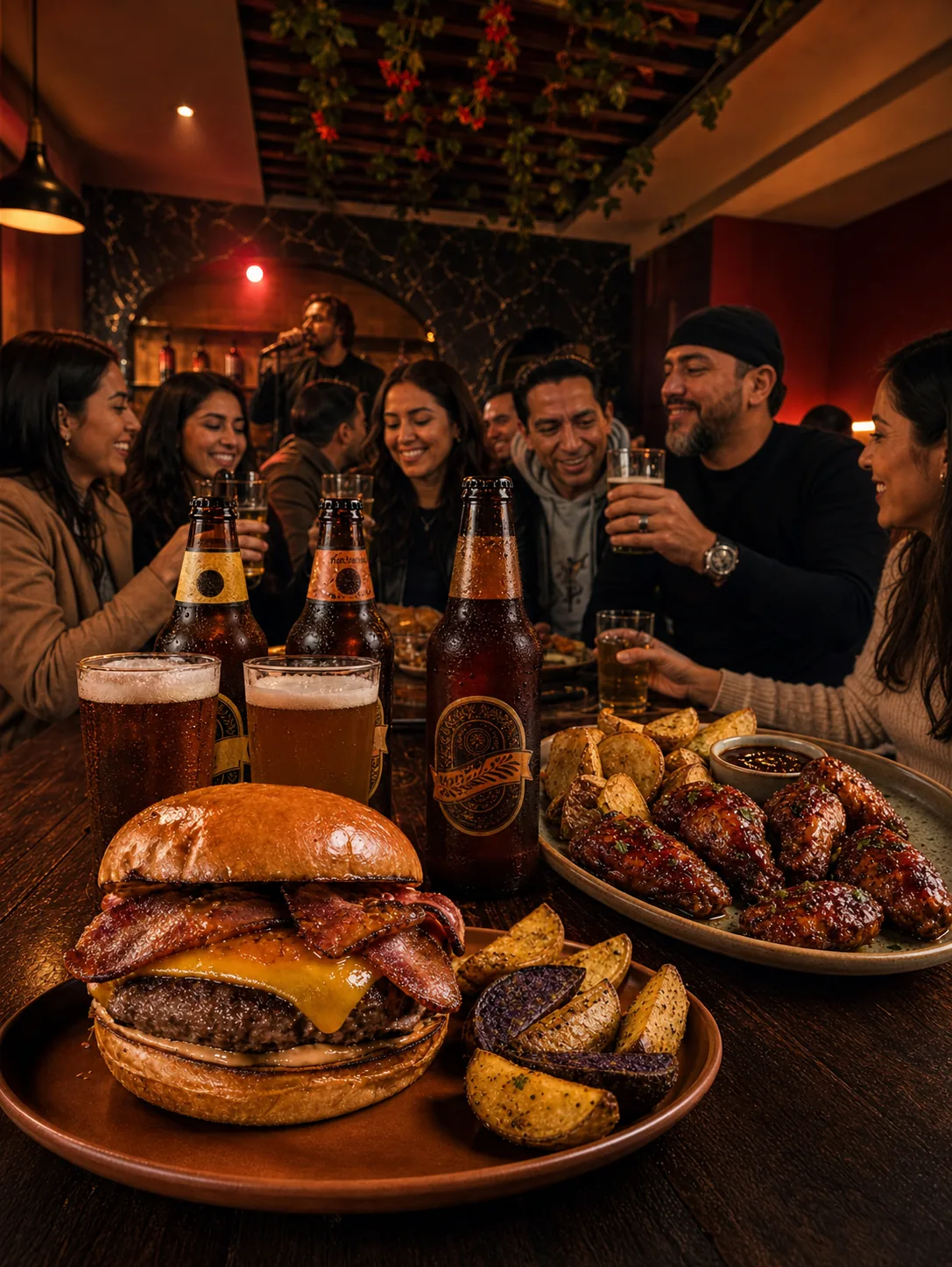 Hamburguesa, alitas y cervezas artesanales con amigos disfrutando en Killa Taproom