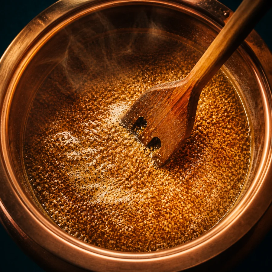 Malta y agua transformándose en mosto dentro de una olla de cobre