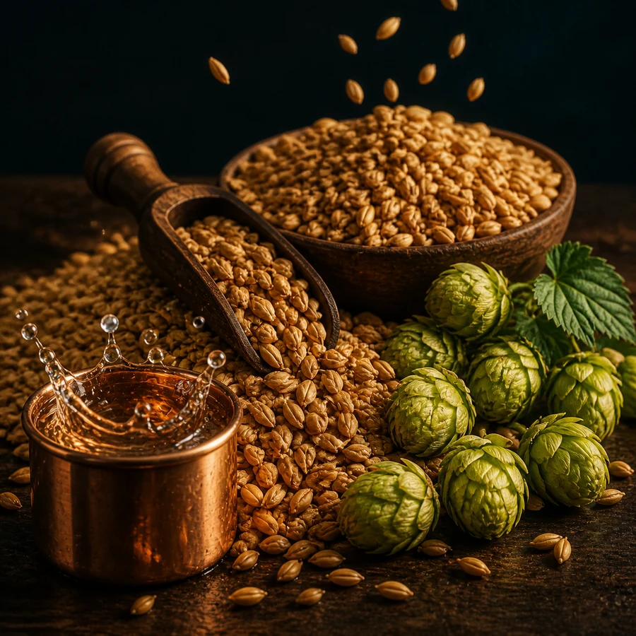 Malta, lúpulo y agua seleccionados para elaborar cerveza