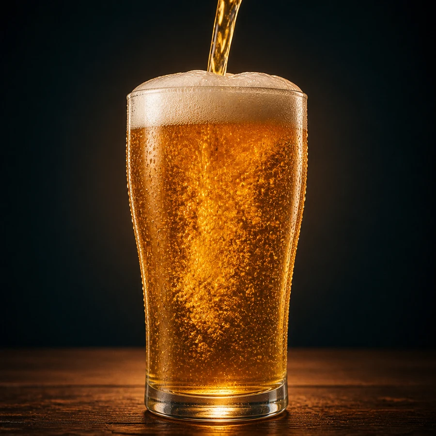 Vaso de cerveza dorada llenándose y formando espuma